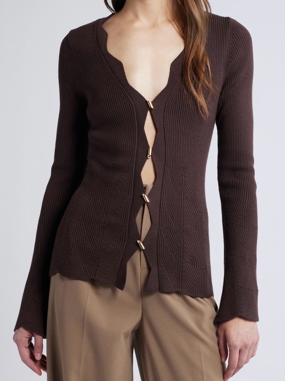 & Other Stories Size Small Scalloped Wool-Blend Dark Brown Cardigan